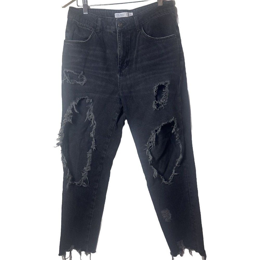 Zara Basic Jeans Black Distressed Raw Hem High Rise Holes Distressed Denim 8